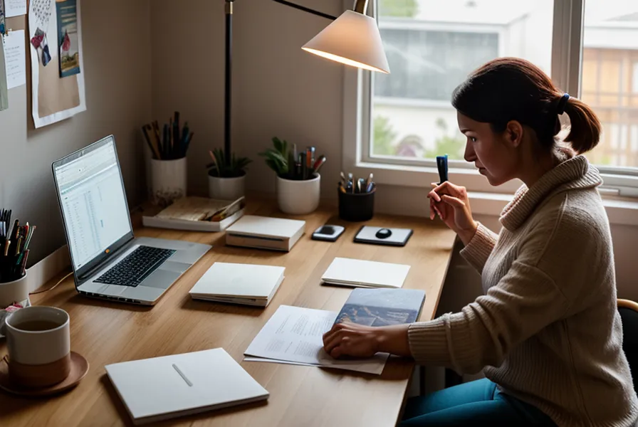 Mains de freelance sur un clavier à côté d'un classeur de contrats, entre paperasse sereine et vie de freelance
