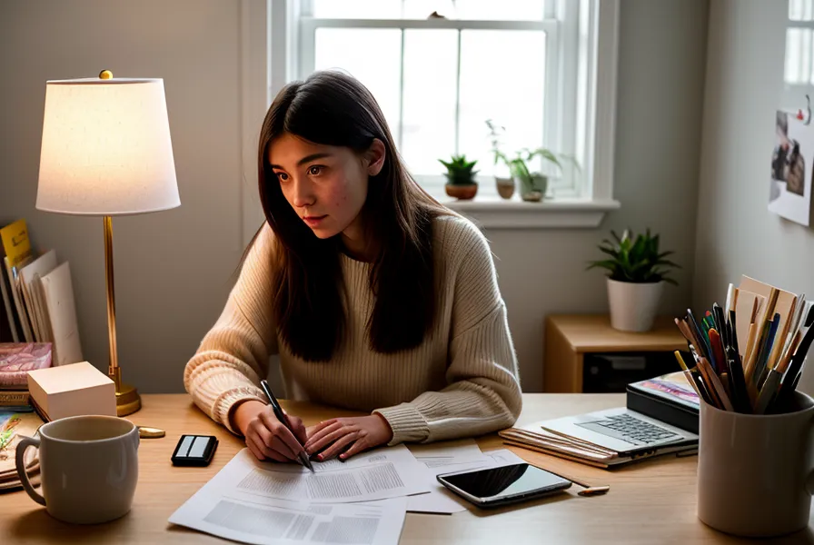 Main qui tient une enveloppe administrative à fenêtre, paperasse de SASU sur le bureau d'une graphiste indépendante